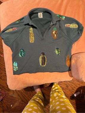 QUEEN OF SPARKLES Dark Green Sequin Beetle Polo Top